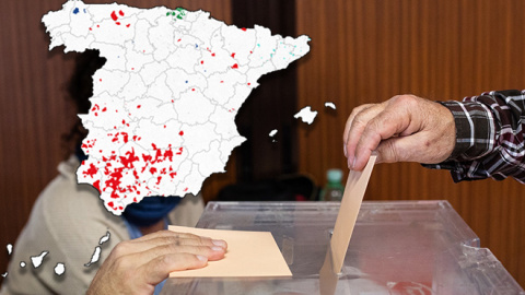 19/07/2023 Mapa con los municipios donde siempre gana el mismo partido sobre una imagen de un votante. 19/07/2023 Mapa con los municipios donde siempre gana el mismo partido sobre una imagen de un votante.