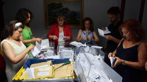 Trabajadoras de la junta electoral y representantes de partidos políticos inician el recuento de votos emitidos por los residentes en el extranjero este viernes 28 de julio de 2023. Trabajadoras de la junta electoral y representantes de partidos políticos inician el recuento de votos emitidos por los residentes en el extranjero este viernes 28 de julio de 2023.