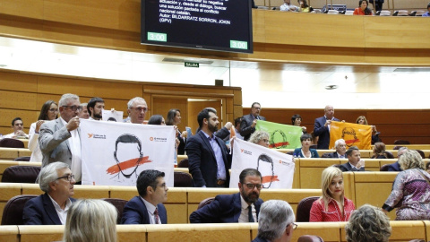 Los senadores de PDeCAT y ERC exhiben banderas con la inscripción 'Democracia'. / EP Los senadores de PDeCAT y ERC exhiben banderas con la inscripción 'Democracia'. / EP