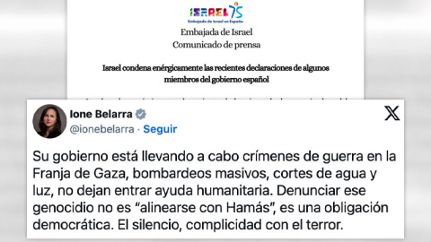 Ione Belarra responde en un tuit al comunicado de la Embajada de Israel en España. Ione Belarra responde en un tuit al comunicado de la Embajada de Israel en España.