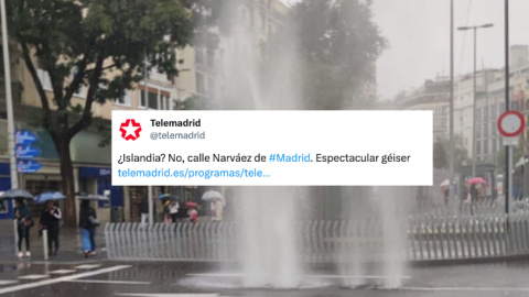 Tuit de Telemadrid Tuit de Telemadrid en el que se mofa de las inundaciones y califica de “géiser” una columna de agua en plena calle