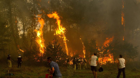 Un grupo de personas tratan de apagar el incendio de Zamanes, Vigo. EFE/Salvador Sas Un grupo de personas tratan de apagar el incendio de Zamanes, Vigo. EFE/Salvador Sas