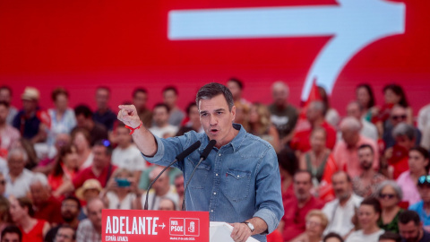 El presidente del Gobierno y candidato a la reelección por el PSOE, Pedro Sánchez, durante el acto de cierre de campaña del PSOE, en el polideportivo La Alhóndiga, 21 de julio de 2023, en Getafe, Madrid (España). El presidente del Gobierno y candidato a la reelección por el PSOE, Pedro Sánchez, durante el acto de cierre de campaña del PSOE, en el polideportivo La Alhóndiga, 21 de julio de 2023, en Getafe, Madrid (España).