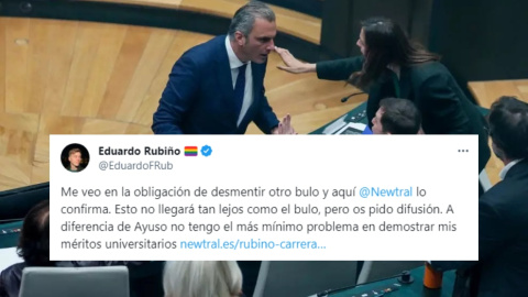 La estrategia de la extrema derecha para desacreditar a Eduardo Rubiño después de que Ortega Smith le tirara una botella a la cara 'Collage' con la imagen de la escena de Ortega Smith encarándose con Rubiño y varios tuits de éste'Collage' con la imag La estrategia de la extrema derecha para desacreditar a Eduardo Rubiño después de que Ortega Smith le tirara una botella a la cara
'Collage' con la imagen de la escena de Ortega Smith encarándose con Rubiño y varios tuits de éste'Collage' con la imag