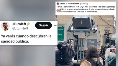 Medios grabando un camión de la basura en Nueva York.