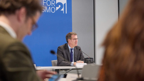 El presidente del Partido Popular, Alberto Núñez Feijóo, durante el acto de constitución de la nueva fundación del PP, en el edificio GMP, a 17 de marzo de 2023, en Madrid. El presidente del Partido Popular, Alberto Núñez Feijóo, durante el acto de constitución de la nueva fundación del PP, en el edificio GMP, a 17 de marzo de 2023, en Madrid.