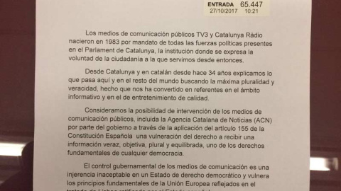 Documento presentado en el Senado por los periodistas de TV3.