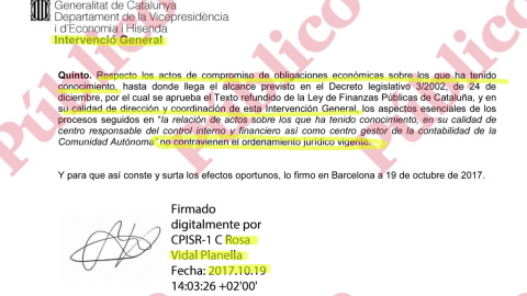Párrafo del informe firmado por la interventora general de Hacienda de la Generalitat en el que se constata que el 1-O no se cometió malversación. Párrafo del informe firmado por la interventora general de Hacienda de la Generalitat en el que se constata que el 1-O no se cometió malversación.