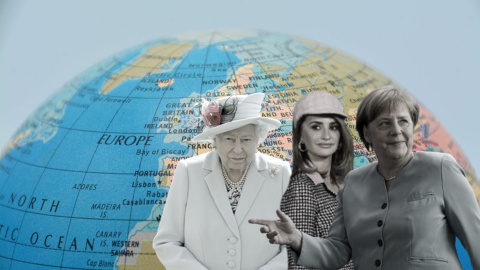 08/03/2024 Isabel II, Penélope Cruz y Angela Merkel sobre la imagen de un globo terráqueo. 08/03/2024 Isabel II, Penélope Cruz y Angela Merkel sobre la imagen de un globo terráqueo.
