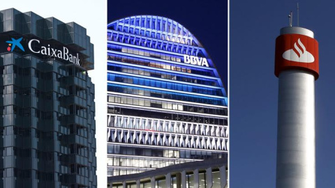 Los logos de Caixabank, BBVA y Santander, en sus respectivas sedes en Barcelona, Madrid y Boadilla. Los logos de Caixabank, BBVA y Santander, en sus respectivas sedes en Barcelona, Madrid y Boadilla.