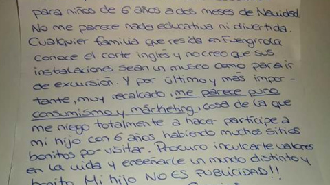 Carta de una madre al colegio de su hijo de seis años adjunta a la solicitud de autorización para visitar El Corte Inglés "a dos meses de Navidad". Carta de una madre al colegio de su hijo de seis años adjunta a la solicitud de autorización para visitar El Corte Inglés "a dos meses de Navidad".