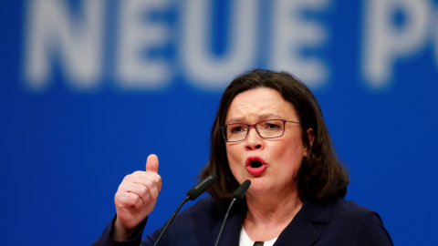 La nueva presidenta del SPD alemán, Andrea Nahles. - REUTERS La nueva presidenta del SPD alemán, Andrea Nahles. - REUTERS