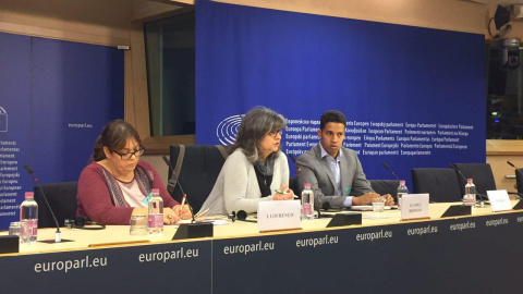 Rueda de prensa en el Parlamento Europeo de Paloma López, eurodiputada de IU, la activista Isabel Lourenco y el también activista y refugiado saharaui Hassana Alia Rueda de prensa en el Parlamento Europeo de Paloma López, eurodiputada de IU, la activista Isabel Lourenco y el también activista y refugiado saharaui Hassana Alia