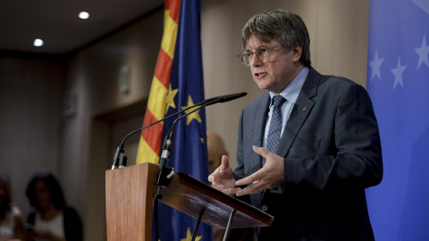 El eurodiputado de Jxcat Carles Puigdemont interviene en la conferencia inaugural de la jornada interparlamentaria de su formación en Bruselas este 5 de septiembre de 2023. El eurodiputado de Jxcat Carles Puigdemont interviene en la conferencia inaugural de la jornada interparlamentaria de su formación en Bruselas este 5 de septiembre de 2023.