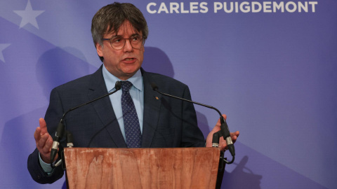El eurodiputado de Junts y expresident de Catalunya, Carles Puigdemont, durante su intervención de este martes en Bruselas. El eurodiputado de Junts y expresident de Catalunya, Carles Puigdemont, durante su intervención de este martes en Bruselas.