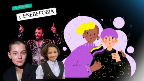 Montaje con los colores de la bandera no binaria y algunas personalidades NB reconocidas como Sam Smith, Emma Corrin o Nex Benedict. Montaje con los colores de la bandera no binaria y algunas personalidades NB reconocidas como Sam Smith, Emma Corrin o Nex Benedict.