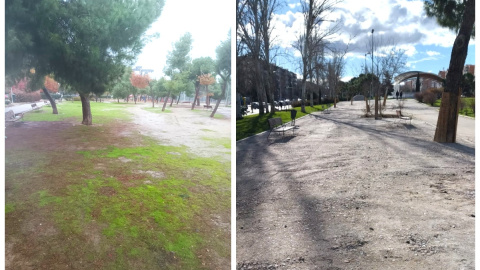 Vista previa a las obras en el Parque de Aluche (i) y vista del parque tras las obras, con la zahorra sobre el suelo (d). Vista previa a las obras en el Parque de Aluche (i) y vista del parque tras las obras, con la zahorra sobre el suelo (d).