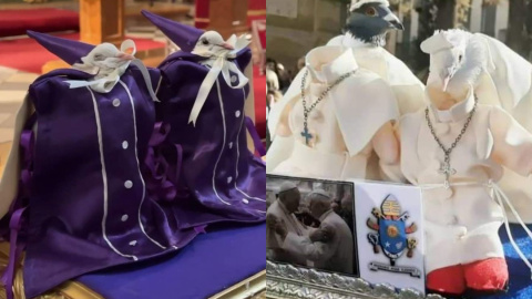 Varias palomas sufren maltrato animal y son exhibidas en una procesión religiosa con disfraces eclesiásticos y pegamento encima. Varias palomas sufren maltrato animal y son exhibidas en una procesión religiosa con disfraces eclesiásticos y pegamento encima.