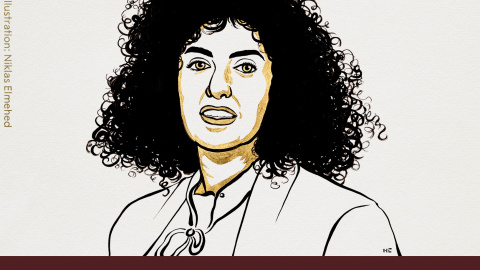 La activista iraní Narges Mohammadi en la ilustración difundida por los organizadores del Premio Nobel. La activista iraní Narges Mohammadi en la ilustración difundida por los organizadores del Premio Nobel.