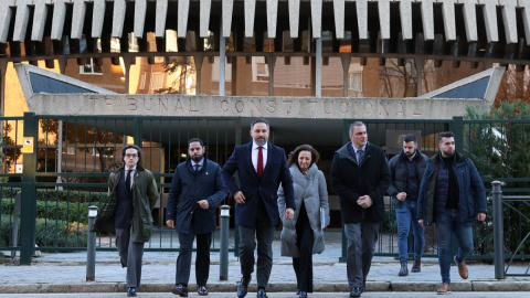 Representantes de Vox con Santiago Abascal a la cabeza antes de presentar un recurso de inconstitucionalidad en la sede del Tribunal Constitucional, a 19 de enero de 2023, en Madrid. Representantes de Vox con Santiago Abascal a la cabeza antes de presentar un recurso de inconstitucionalidad en la sede del Tribunal Constitucional, a 19 de enero de 2023, en Madrid.