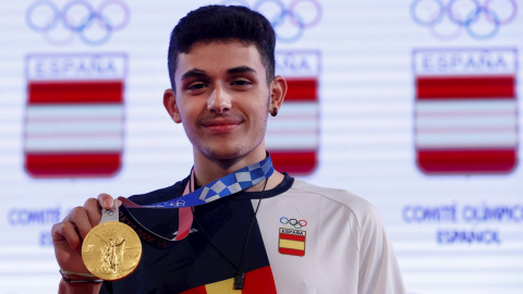 Alberto Ginés, campeón olímpico en escalada en los JJOO Tokio 2020, durante la rueda de prensa que ha ofrecido hoy en Madrid Alberto Ginés, campeón olímpico en escalada en los JJOO Tokio 2020, durante la rueda de prensa que ha ofrecido hoy en Madrid