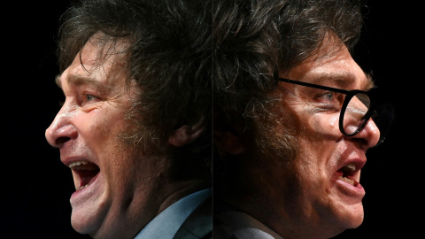 Combinación de imágenes que muestra al presidente electo de Argentina Javier Milei, en el Movistar Arena de Buenos Aires, a 18 de octubre de 2023. Combinación de imágenes que muestra al presidente electo de Argentina Javier Milei, en el Movistar Arena de Buenos Aires, a 18 de octubre de 2023.
