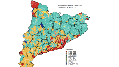 Mapa que representa la candidatura més votada en les eleccions al Parlament de 2021. Mapa que representa la candidatura més votada en les eleccions al Parlament de 2021.
