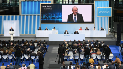 El consejero delegado de Endesa, José Damián Bogas), durante su intervención en la junta general de accionistas de la eléctrica, en Madrid. EFE/ Fernando Villar El consejero delegado de Endesa, José Damián Bogas), durante su intervención en la junta general de accionistas de la eléctrica, en Madrid. EFE/ Fernando Villar