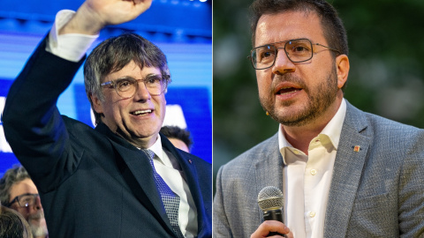 El candidato de Junts a las elecciones catalanas, Carles Puigdemont, y el candidato de ERC, Pere Aragonès, durante el primer día de campaña, a 25 de abril de 2024. El candidato de Junts a las elecciones catalanas, Carles Puigdemont, y el candidato de ERC, Pere Aragonès, durante el primer día de campaña, a 25 de abril de 2024.