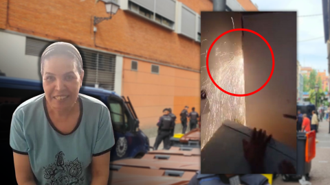Un montaje fotográfico muestra a Souad, el momento en el que la Policía utiliza una radial para romper la puerta de la vivienda y la calle donde se ha producido el desahucio Un montaje fotográfico muestra a Souad, el momento en el que la Policía utiliza una radial para romper la puerta de la vivienda y la calle donde se ha producido el desahucio