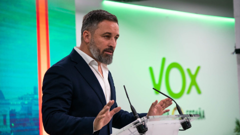 El líder de Vox, Santiago Abascal, durante una rueda de prensa en la sede de su partido, a 5 de junio de 2023, en Madrid. El líder de Vox, Santiago Abascal, durante una rueda de prensa en la sede de su partido, a 5 de junio de 2023, en Madrid.