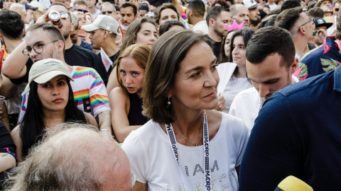 La portavoz del Grupo municipal PSOE Madrid, Reyes Maroto, durante el Pregón del Orgullo 2023 en la Plaza Pedro Zerolo, en Madrid. E.P./Carlos Luján