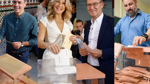 Pedro Sánchez, Alberto Núñez Feijóo, Yolanda Díaz y Santiago Abascal, ejerciendo su derecho a voto este 23J. Pedro Sánchez, Alberto Núñez Feijóo, Yolanda Díaz y Santiago Abascal, ejerciendo su derecho a voto este 23J.