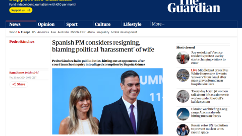 25/04/2024 Publicación de 'The Guardian' sobre la carta de Pedro Sánchez este miércoles. 25/04/2024 Publicación de 'The Guardian' sobre la carta de Pedro Sánchez este miércoles.
