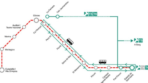 Mapa de afectaciones en la línia T4 del tranvía de Barcelona. Mapa de afectaciones en la línia T4 del tranvía de Barcelona.