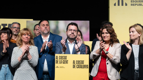 La cúpula de ERC tras las elecciones catalanas en Barcelona, a 12 de mayo de 2024. La cúpula de ERC tras las elecciones catalanas en Barcelona, a 12 de mayo de 2024.