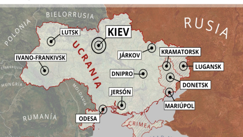 Mapa con ciudades de Ucrania atacadas este 24 de febrero. Mapa con ciudades de Ucrania atacadas este 24 de febrero.