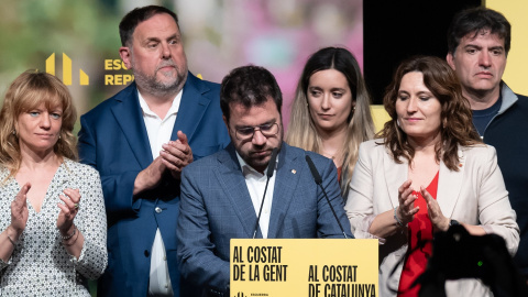 El presidente de la Generalitat de Catalunya y candidato de ERC a la reelección, Pere Aragonès, en una rueda de prensa por la jornada electoral. El presidente de la Generalitat de Catalunya y candidato de ERC a la reelección, Pere Aragonès, en una rueda de prensa por la jornada electoral.