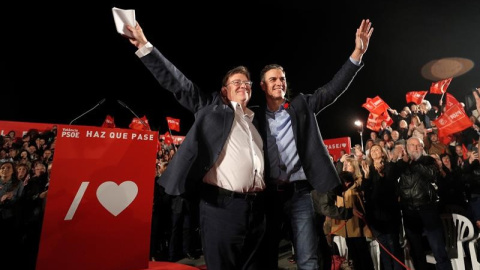 Ximo Puig i Pedro Sánchez en el miting de final de campanya a València. EFE / Juan Carlos Cárdenas Ximo Puig i Pedro Sánchez en el miting de final de campanya a València. EFE / Juan Carlos Cárdenas
