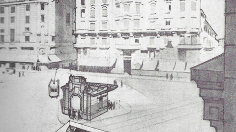 Diseño de la entrada al Metro de Gran Vía, Antonio Palacios, 1918. Diseño de la entrada al Metro de Gran Vía, Antonio Palacios, 1918.