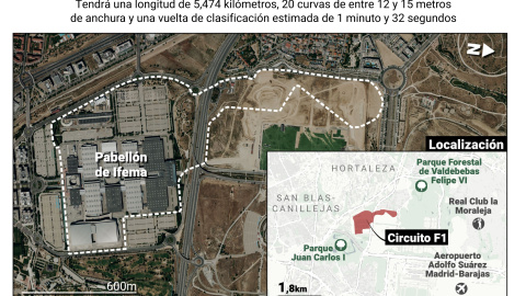Infografía con trazado del circuito de Fórmula 1 en Madrid. Infografía con trazado del circuito de Fórmula 1 en Madrid.