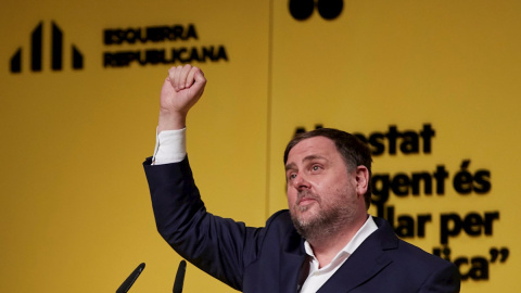El presidente de Esquerra, Oriol Junqueras, ofrece un discurso durante un mitin en Manresa.