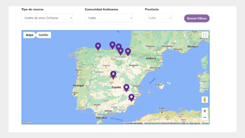 Mapa que geolocaliza los centros de crisis 24 horas disponibles en el territorio español en la web de la Fundación Aspacia. Mapa que geolocaliza los centros de crisis 24 horas disponibles en el territorio español en la web de la Fundación Aspacia.