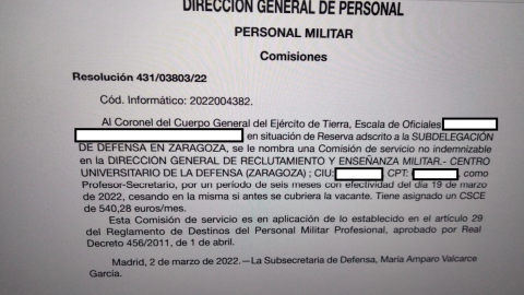 Imagen del Boletín Oficial de la Defensa en la que aparece el nombramiento del coronel acosador. Imagen del Boletín Oficial de la Defensa en la que aparece el nombramiento del coronel acosador.