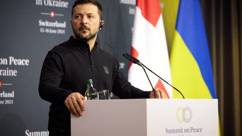 15 de junio de 2024.El presidente Zelenski en una conferencia durante la cumbre de paz, celebrada este 15 de junio. 15 de junio de 2024.El presidente Zelenski en una conferencia durante la cumbre de paz, celebrada este 15 de junio.