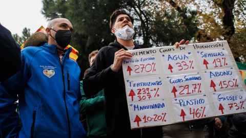 Un hombre con carteles que señalan el incremento en el precio de los costes de producción en la agricultura, durante una concentración de agricultores y exportadores de naranjas, frente al Ministerio de Agricultura, a 24 de noviembre de 2021, en Madrid Un hombre con carteles que señalan el incremento en el precio de los costes de producción en la agricultura, durante una concentración de agricultores y exportadores de naranjas, frente al Ministerio de Agricultura, a 24 de noviembre de 2021, en Madrid