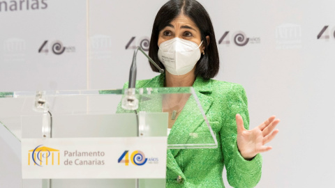 La ministra de Sanidad, Carolina Darias, comparece en rueda de prensa en Tenerife tras asistir a la presentación de su retrato como presidenta del Parlamento de Canarias entre los años 2015 y 2019. La ministra de Sanidad, Carolina Darias, comparece en rueda de prensa en Tenerife tras asistir a la presentación de su retrato como presidenta del Parlamento de Canarias entre los años 2015 y 2019.