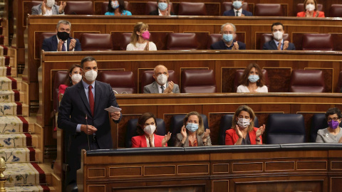 El presidente del Ejecutivo, Pedro Sánchez, durante la sesión de control al Gobierno celebrada este miércoles en el Congreso.
