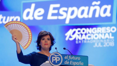 La candidata a la Presidencia del PP, Soraya Sáenz de Santamaría, durante su intervención hoy en el XIX Congreso del partido La candidata a la Presidencia del PP, Soraya Sáenz de Santamaría, durante su intervención hoy en el XIX Congreso del partido