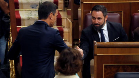 El presidente del Gobierno en funciones, Pedro Sánchez, saluda al líder de Vox, Santiago Abascal. - EFE El presidente del Gobierno en funciones, Pedro Sánchez, saluda al líder de Vox, Santiago Abascal. - EFE